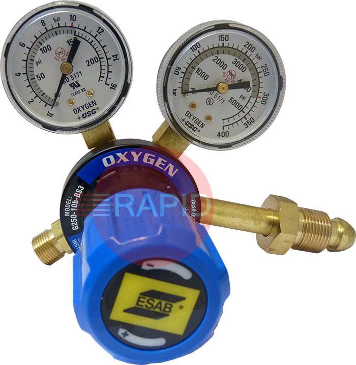 0785-2163  ESAB GCE FE300 Oxygen Regulator Side Entry, 10 Bar, G5/8 Inlet, G3/8 Outlet, UK Fitting Only
