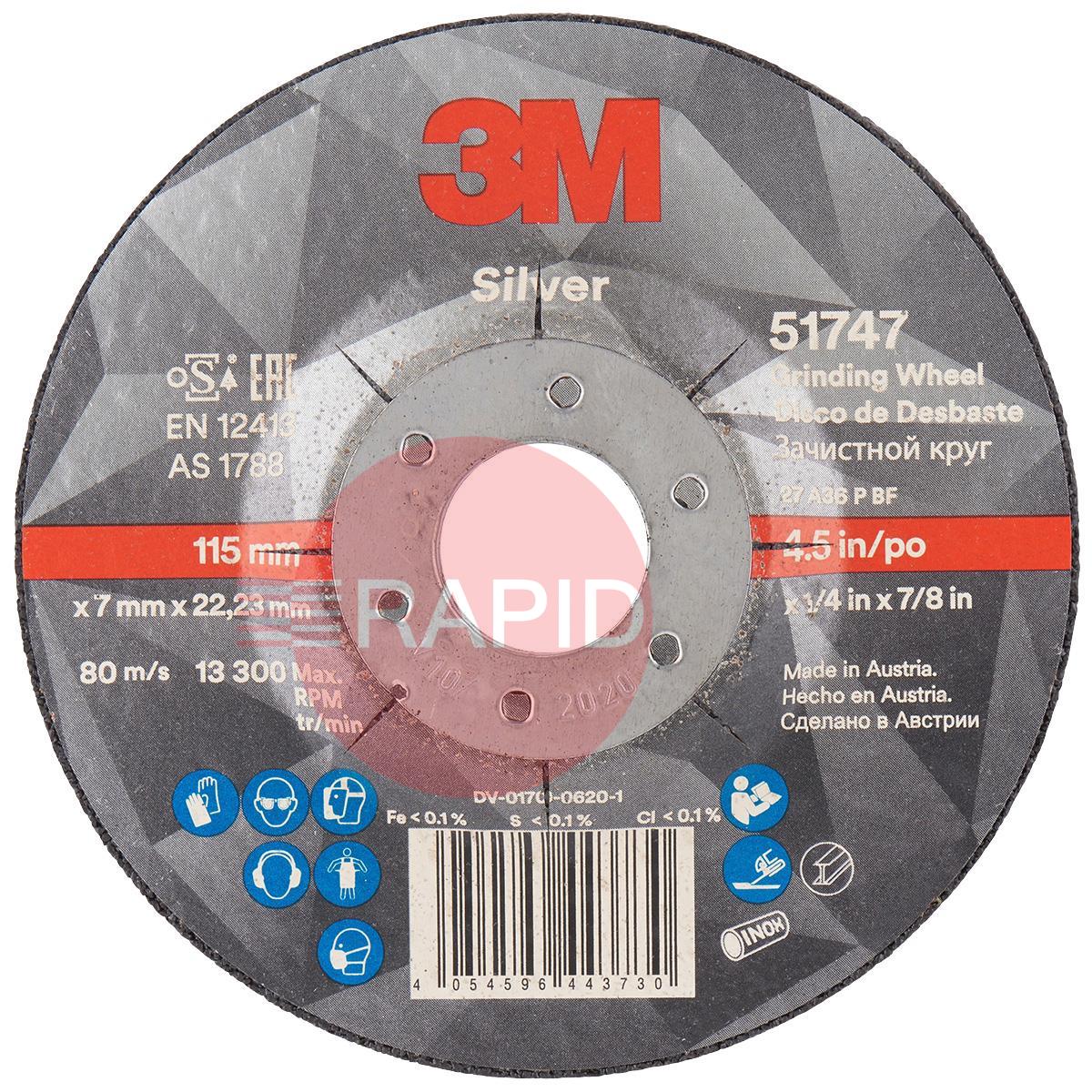 3M-51747  3M Silver Depressed Centre Grinding Wheel 115mm x 7mm x 22.23mm (Box of 10)