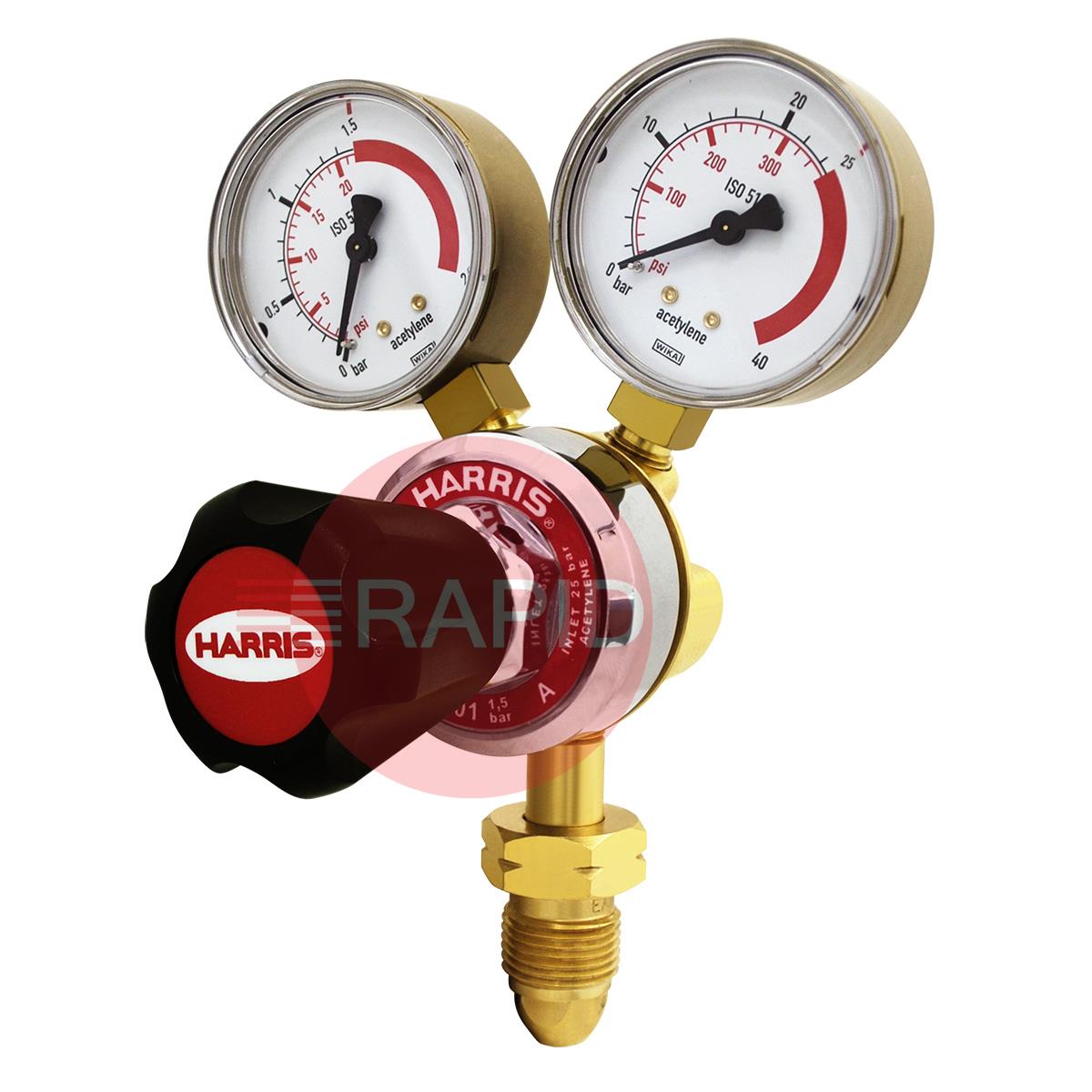 H1011  Harris 801 Acetylene Single Stage Two Gauge Regulator 1.5 Bar, 5/8 BSP LH Cylinder Connection, 3/8 BSP Outlet, UK Fitting Only
